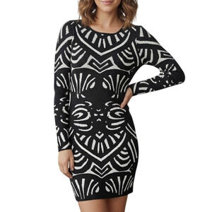 Parker Black & White Sheath Sweater Dress S Geo Print Zipper Warm Holiday Party